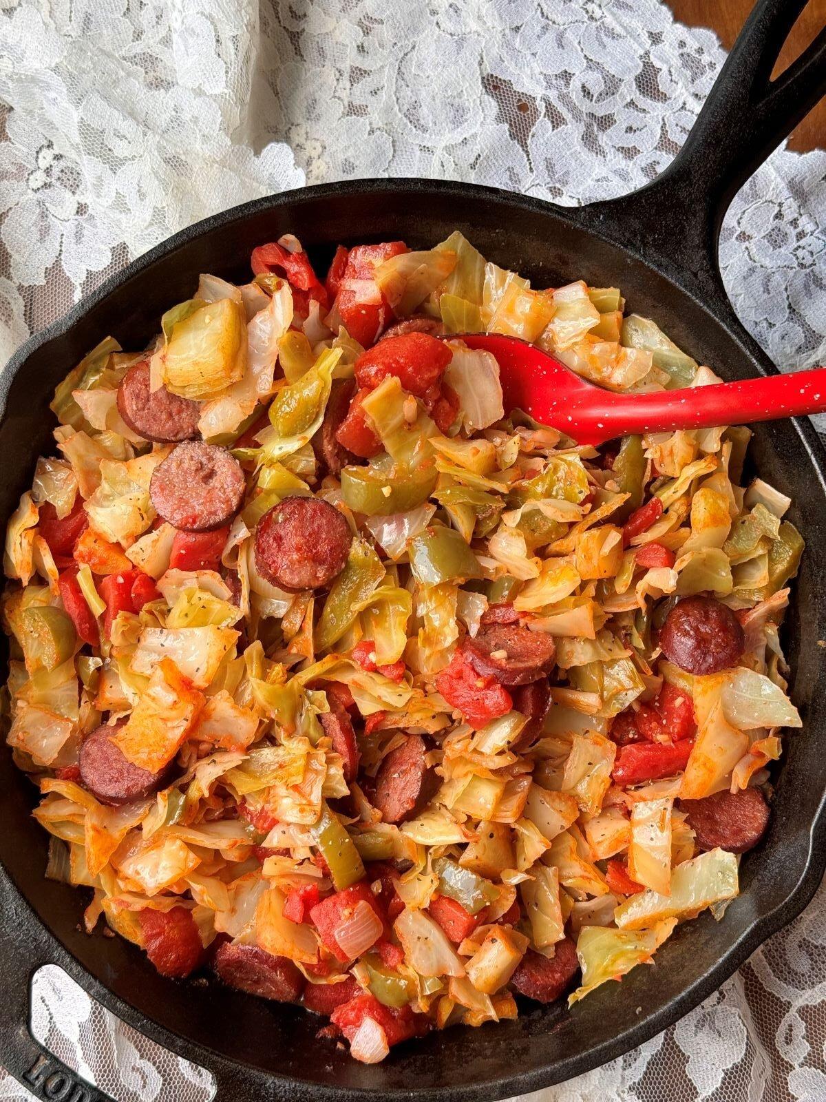 Dinner on a Dime: Creamy Sausage and Cabbage Skillet.