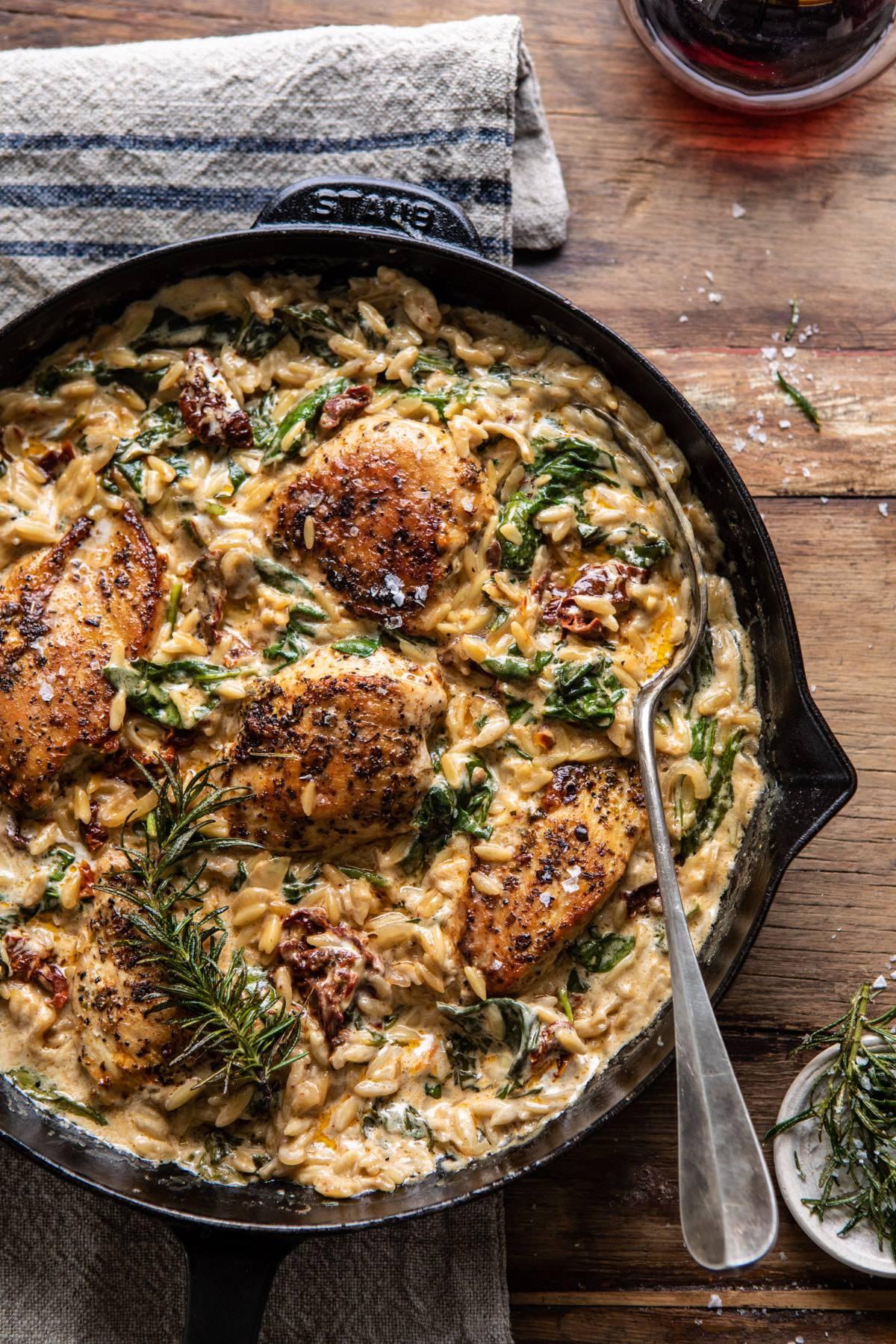 Our 15-Minute Lemon Herb Chicken and Orzo Skillet.