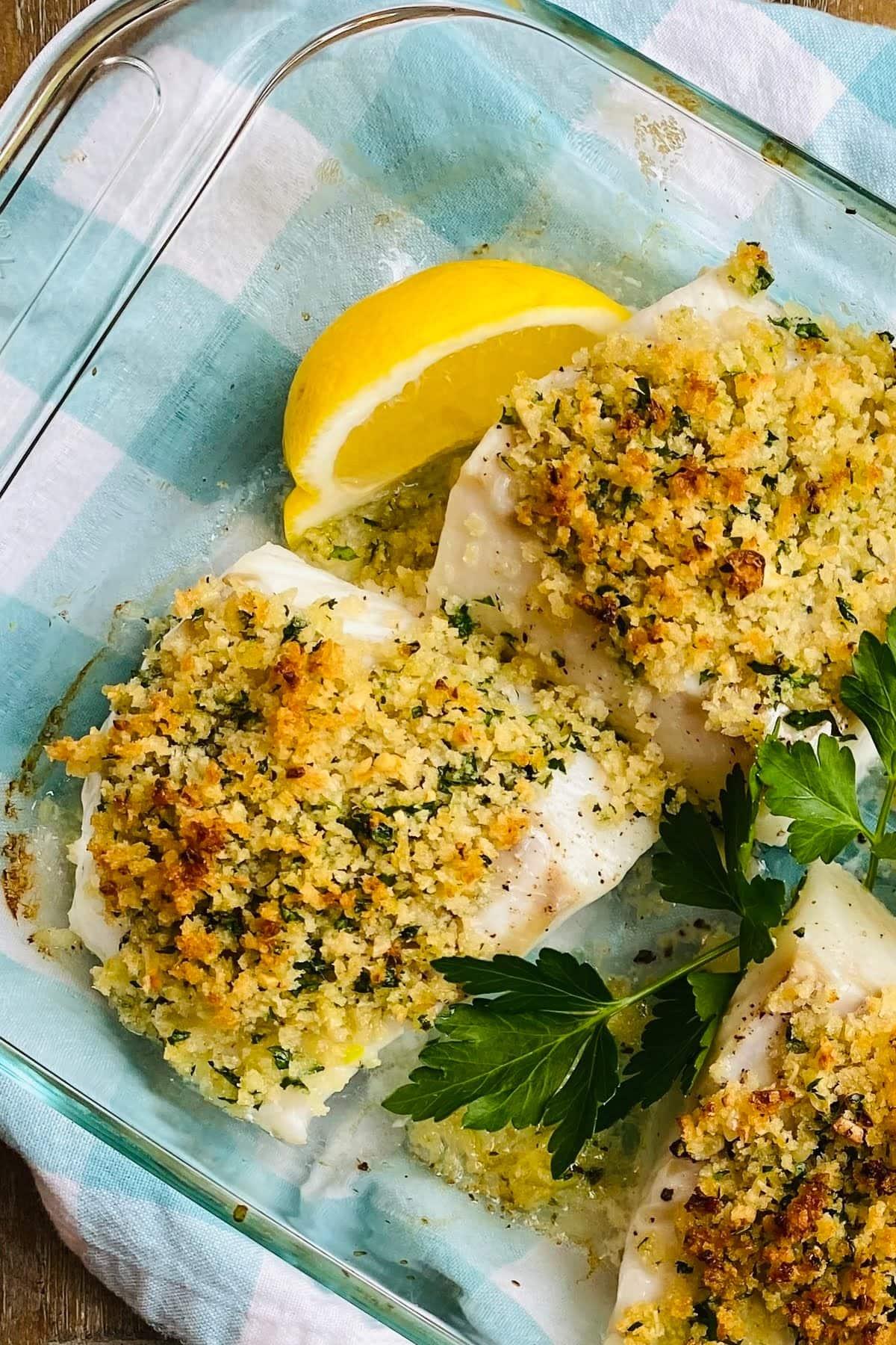 Perfectly Baked Cod with a Lemon, Garlic, and Herb Crust.