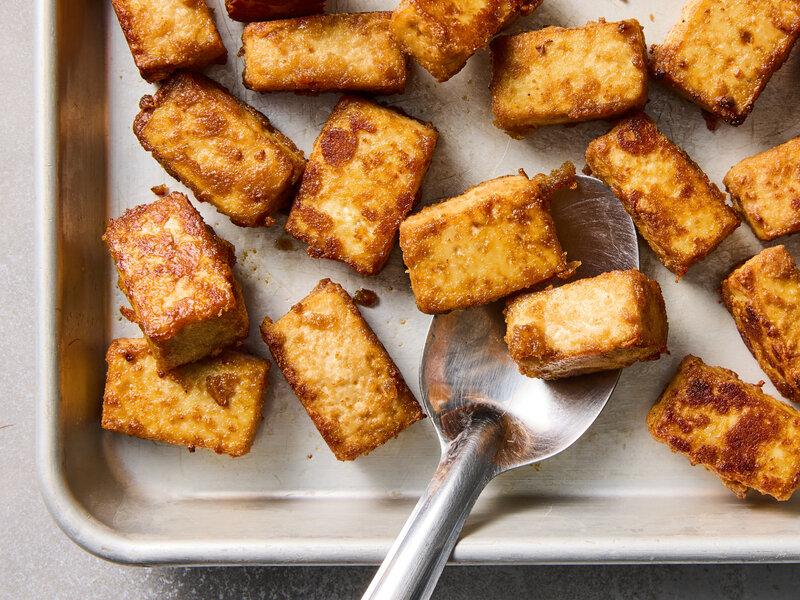 Crispy Baked Tofu with a Sweet and Savory Peanut Sauce.