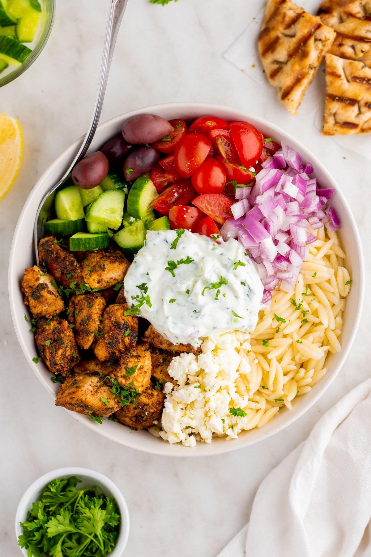A 20-Minute Trip to Greece: Easy Chicken Gyro Bowls.