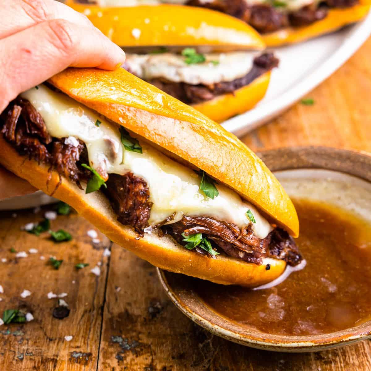The Perfect French Dip Sandwich with a Rich Au Jus.